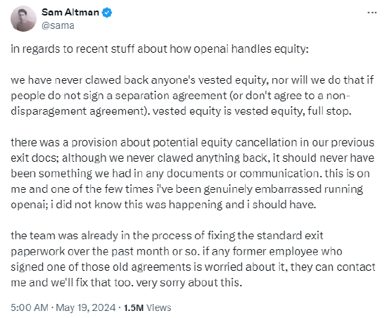OpenAI回应“封嘴”离职条款：从未回收过任何员工股权