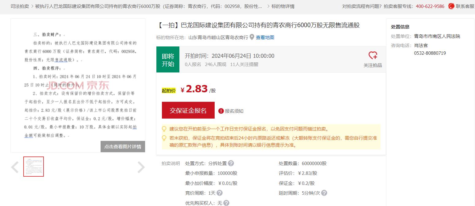 相隔不到十天，“青岛前首富”所持青农商行股权再遭法拍，神秘买家是否再出手？