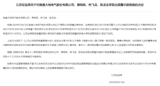 预计净利润与经审计净利润差异较大 南通大地电气及相关责任人收警示函