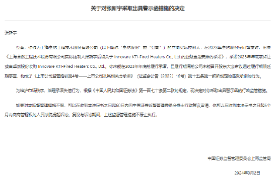 未能履行业务重组安排的承诺 卓然股份实控人张新宇收警示函  第1张