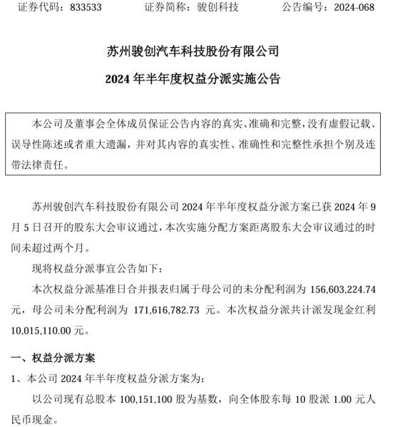 骏创科技2024年半年度权益分派每10股派现1元 共计派发现金红利1001.51万